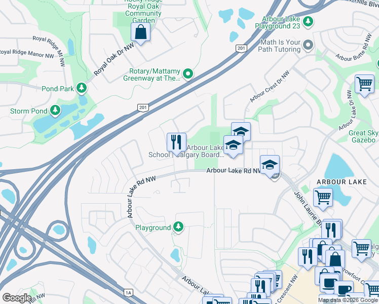 map of restaurants, bars, coffee shops, grocery stores, and more near 34 Arbour Stone Rise Northwest in Calgary