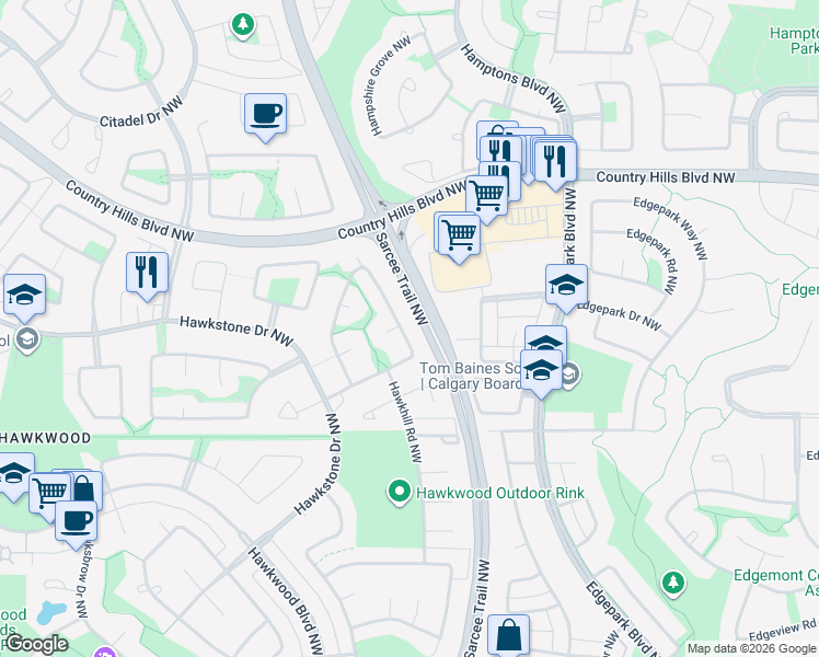 map of restaurants, bars, coffee shops, grocery stores, and more near 89 Hawktree Circle Northwest in Calgary