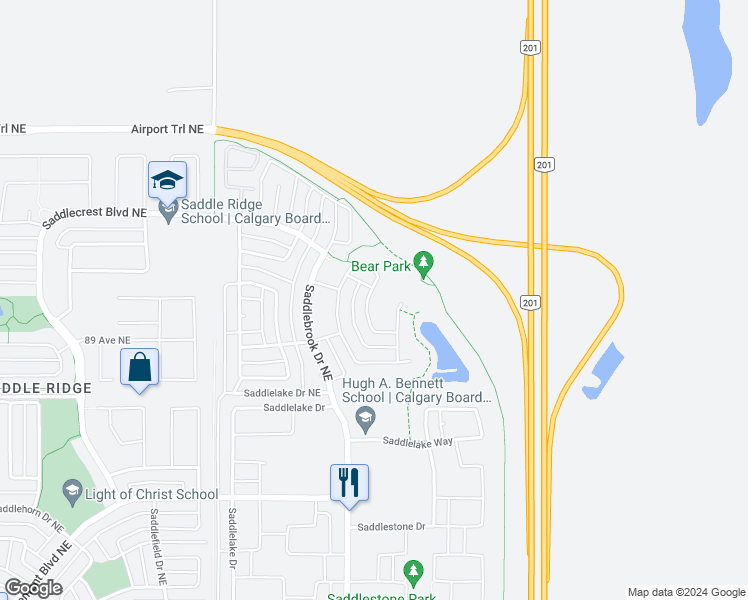 map of restaurants, bars, coffee shops, grocery stores, and more near 195 Saddlebrook Circle Northeast in Calgary