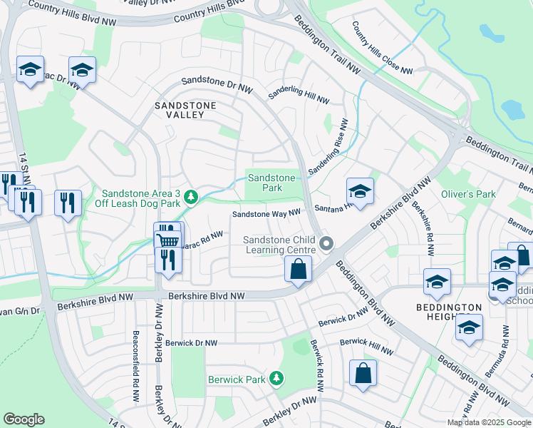 map of restaurants, bars, coffee shops, grocery stores, and more near Sandstone Way Northwest in Calgary