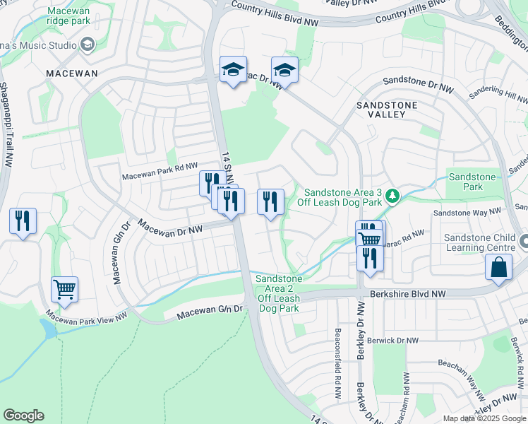 map of restaurants, bars, coffee shops, grocery stores, and more near Sandringham Place Northwest in Calgary