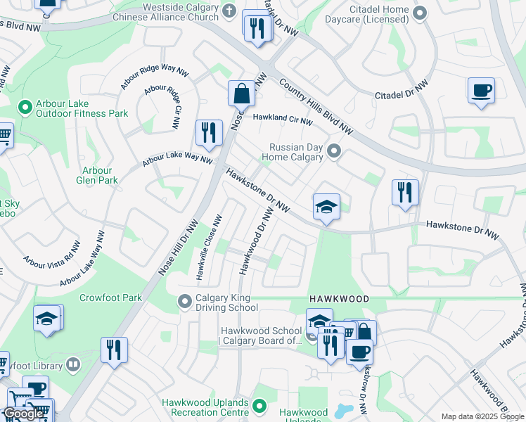 map of restaurants, bars, coffee shops, grocery stores, and more near 299 Hawkwood Drive Northwest in Calgary