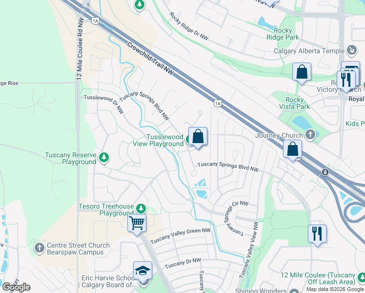 map of restaurants, bars, coffee shops, grocery stores, and more near 655 Tuscany Springs Boulevard Northwest in Calgary