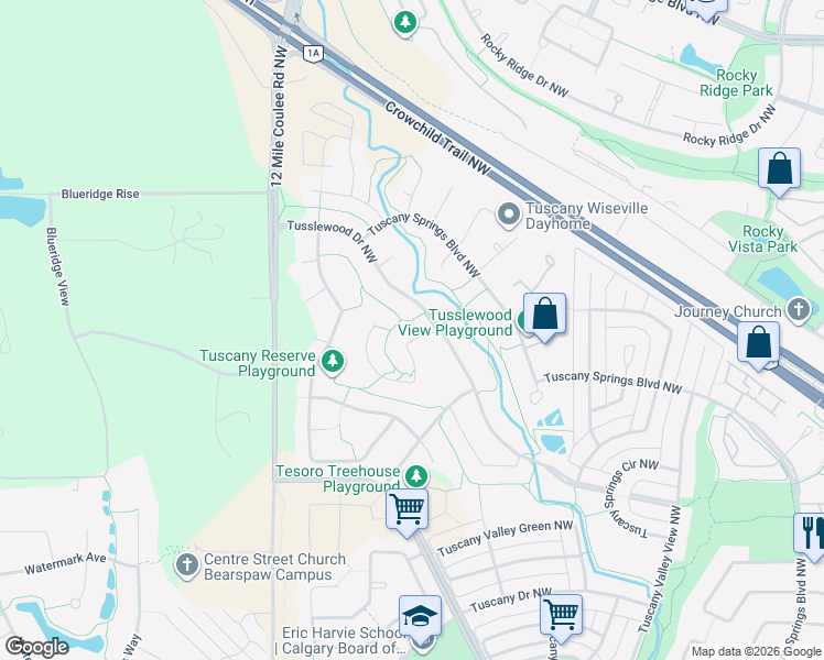 map of restaurants, bars, coffee shops, grocery stores, and more near 14 Tusslewood Heights Northwest in Calgary