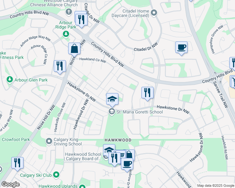 map of restaurants, bars, coffee shops, grocery stores, and more near 90 Hawkmount Green Northwest in Calgary