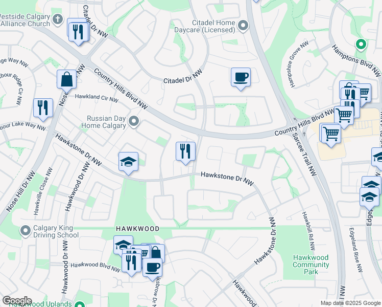 map of restaurants, bars, coffee shops, grocery stores, and more near 323 Hawkstone Manor Northwest in Calgary