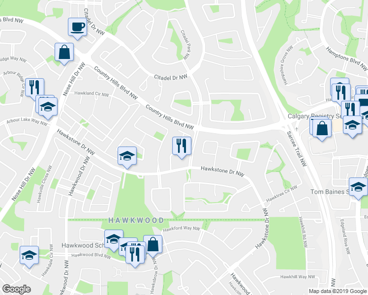 map of restaurants, bars, coffee shops, grocery stores, and more near 311 Hawkstone Manor Northwest in Calgary