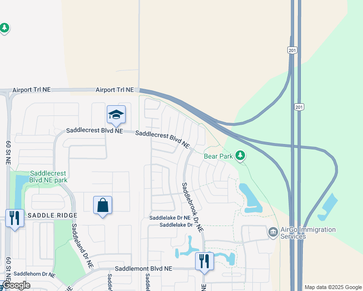 map of restaurants, bars, coffee shops, grocery stores, and more near 91 Saddlebrook Gardens Northeast in Calgary