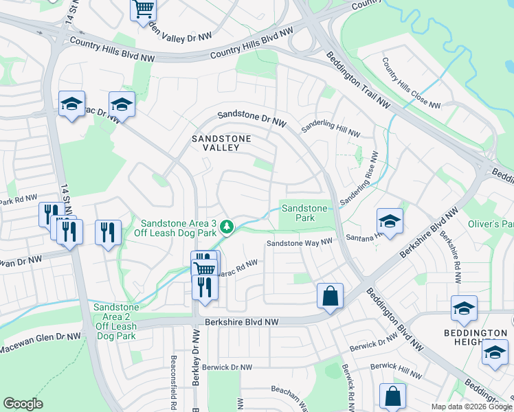 map of restaurants, bars, coffee shops, grocery stores, and more near 211 Sandpiper Place Northwest in Calgary