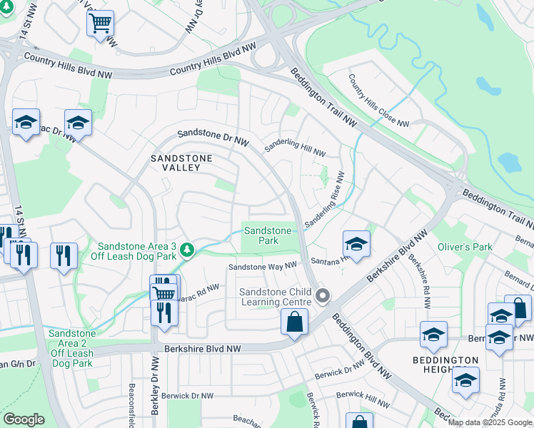 map of restaurants, bars, coffee shops, grocery stores, and more near Sandpiper Lane Northwest in Calgary
