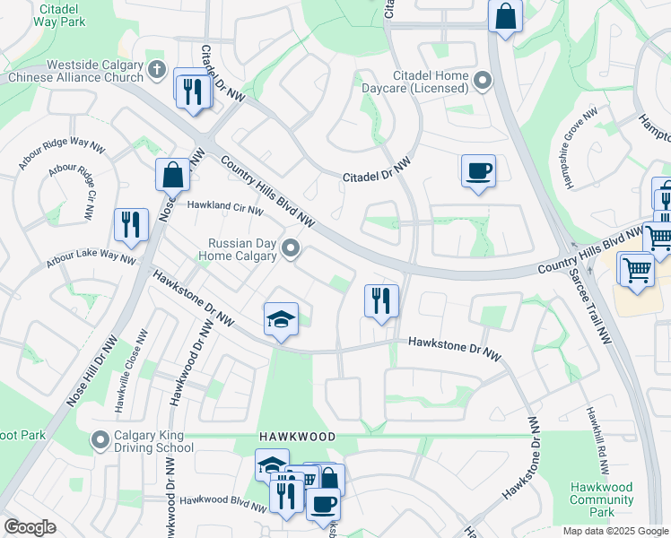 map of restaurants, bars, coffee shops, grocery stores, and more near 115 Hawkmount Close Northwest in Calgary