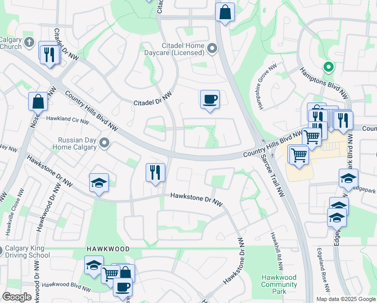 map of restaurants, bars, coffee shops, grocery stores, and more near 53 Citadel Hills Circle Northwest in Calgary