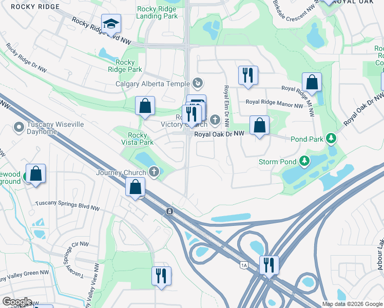 map of restaurants, bars, coffee shops, grocery stores, and more near 108 Royal Manor Northwest in Calgary