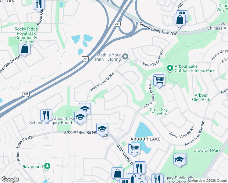 map of restaurants, bars, coffee shops, grocery stores, and more near 232 Arbour Crest Road Northwest in Calgary