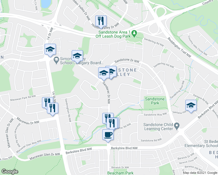 map of restaurants, bars, coffee shops, grocery stores, and more near 218 Sandarac Drive Northwest in Calgary