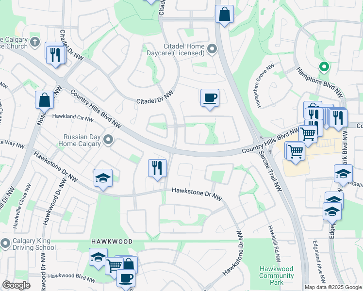 map of restaurants, bars, coffee shops, grocery stores, and more near 37 Citadel Hills Circle Northwest in Calgary