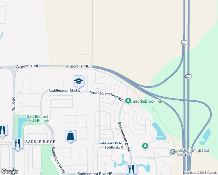 map of restaurants, bars, coffee shops, grocery stores, and more near 27 Saddlebrook Place Northeast in Calgary