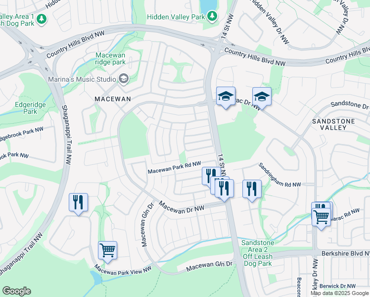 map of restaurants, bars, coffee shops, grocery stores, and more near 30 Macewan Meadow Crescent Northwest in Calgary
