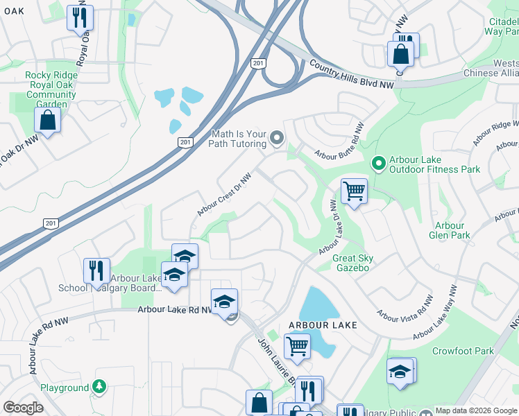 map of restaurants, bars, coffee shops, grocery stores, and more near 232 Arbour Crest Road Northwest in Calgary