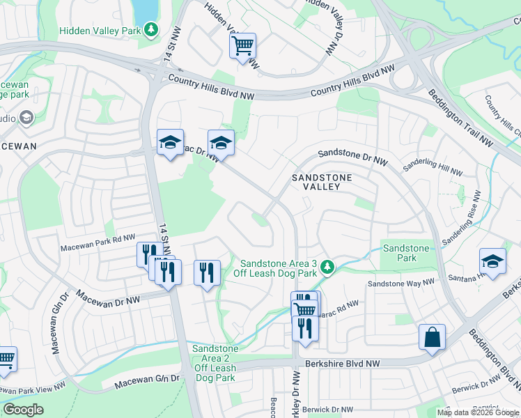map of restaurants, bars, coffee shops, grocery stores, and more near 16 Sandringham Close Northwest in Calgary