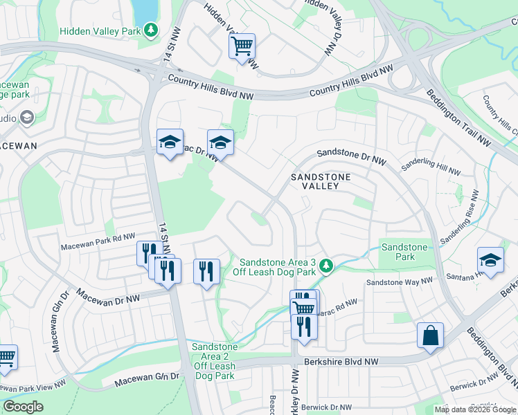 map of restaurants, bars, coffee shops, grocery stores, and more near 16 Sandringham Close Northwest in Calgary