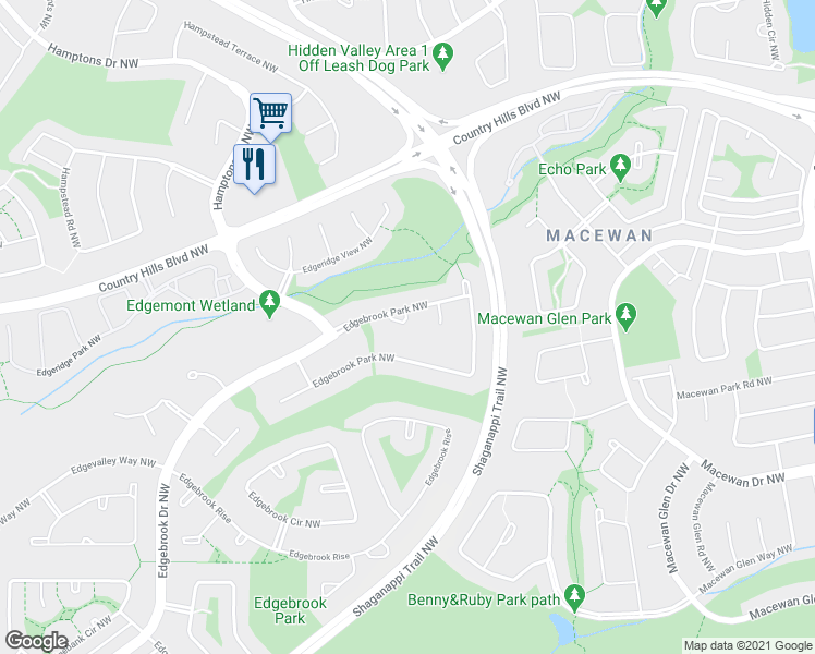 map of restaurants, bars, coffee shops, grocery stores, and more near 125 Edgebrook Grove Northwest in Calgary