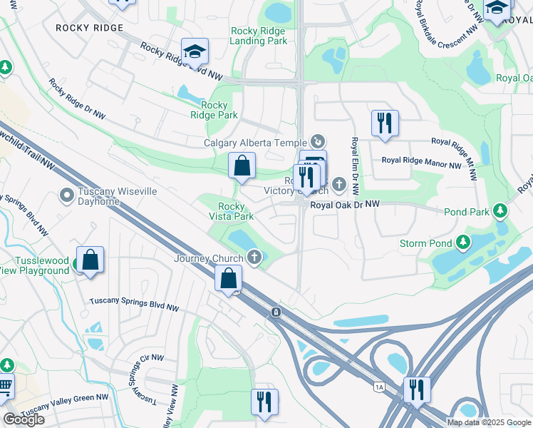 map of restaurants, bars, coffee shops, grocery stores, and more near 6 Rocky Vista Terrace Northwest in Calgary