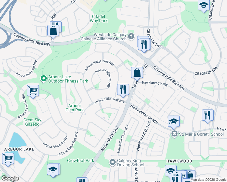 map of restaurants, bars, coffee shops, grocery stores, and more near 48 Arbour Lake Way Northwest in Calgary