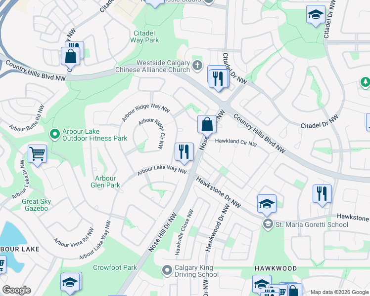 map of restaurants, bars, coffee shops, grocery stores, and more near 207 Arbour Ridge Way Northwest in Calgary