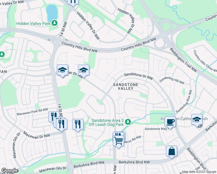 map of restaurants, bars, coffee shops, grocery stores, and more near 382 Sandstone Drive Northwest in Calgary