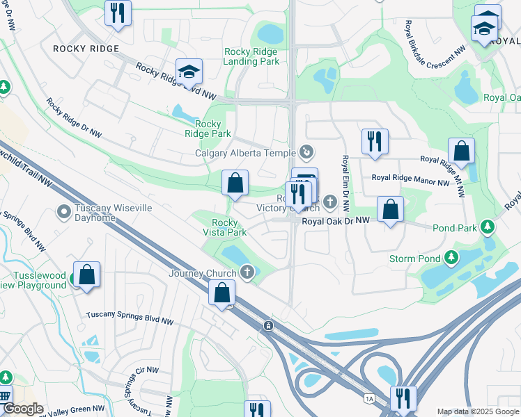 map of restaurants, bars, coffee shops, grocery stores, and more near 112 Rocky Vista Circle Northwest in Calgary