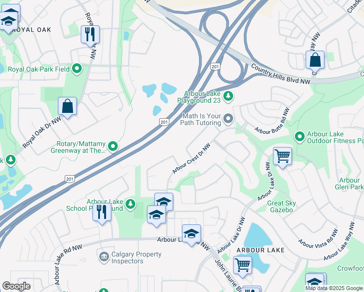 map of restaurants, bars, coffee shops, grocery stores, and more near 36 Arbour Crest Terrace Northwest in Calgary