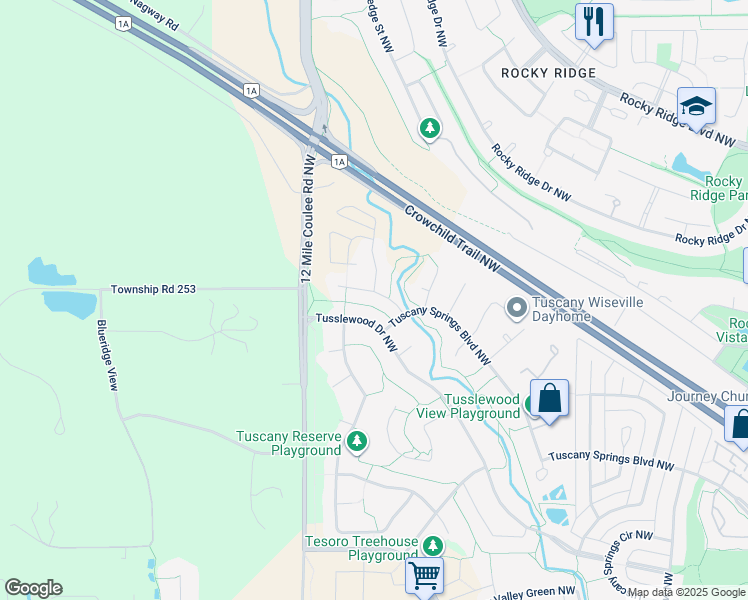 map of restaurants, bars, coffee shops, grocery stores, and more near 33 Tuscany Summit Terrace Northwest in Calgary