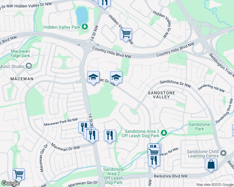 map of restaurants, bars, coffee shops, grocery stores, and more near 327 Sandarac Drive Northwest in Calgary