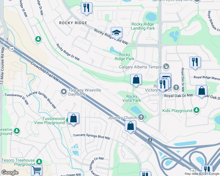 map of restaurants, bars, coffee shops, grocery stores, and more near 450 Rocky Vista Gardens Northwest in Calgary