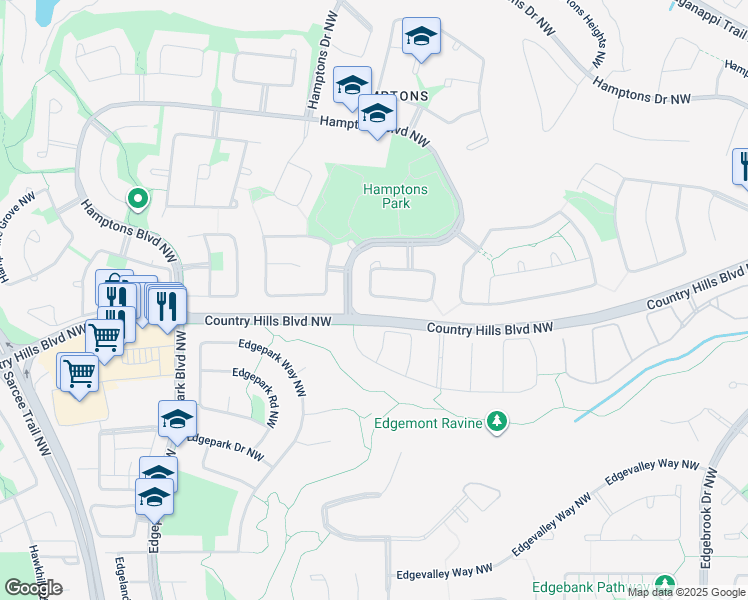 map of restaurants, bars, coffee shops, grocery stores, and more near 102 Hampstead Circle Northwest in Calgary