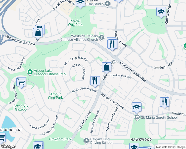 map of restaurants, bars, coffee shops, grocery stores, and more near 207 Arbour Ridge Way Northwest in Calgary