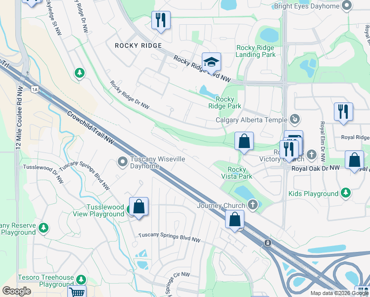 map of restaurants, bars, coffee shops, grocery stores, and more near 500 Rocky Vista Gardens Northwest in Calgary
