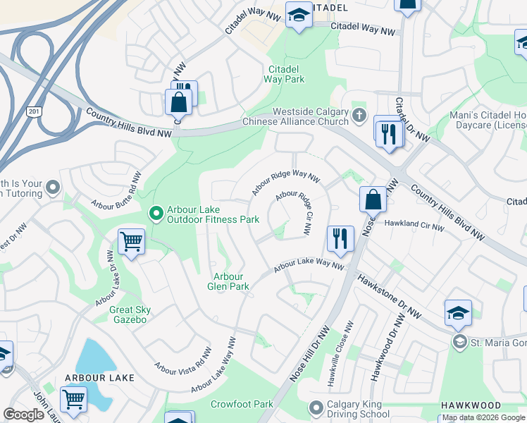 map of restaurants, bars, coffee shops, grocery stores, and more near 173 Arbour Ridge Circle Northwest in Calgary