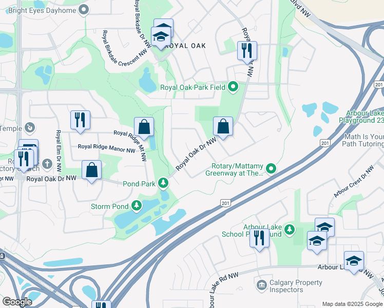 map of restaurants, bars, coffee shops, grocery stores, and more near Royal Oak Drive Northwest in Calgary
