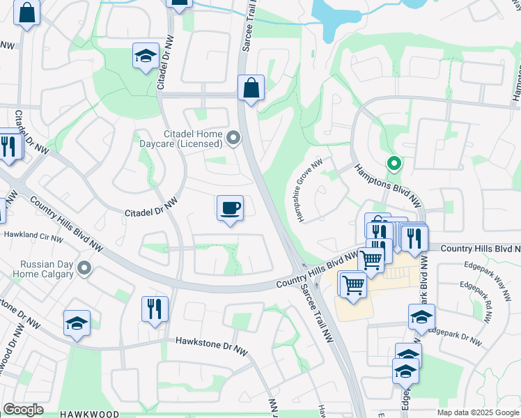 map of restaurants, bars, coffee shops, grocery stores, and more near 129 Citadel Gardens Northwest in Calgary