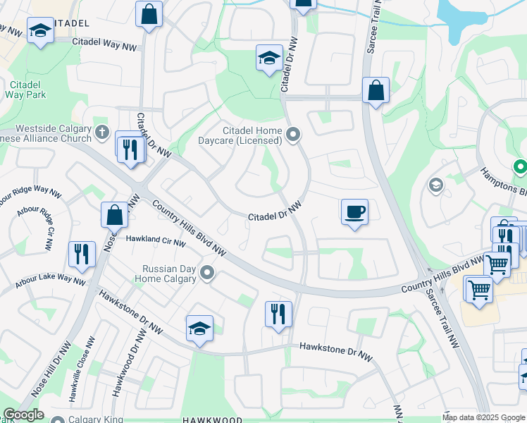 map of restaurants, bars, coffee shops, grocery stores, and more near 16 Citadel Drive Northwest in Calgary