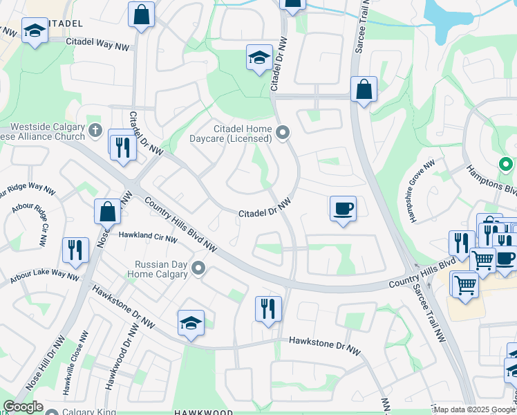 map of restaurants, bars, coffee shops, grocery stores, and more near 12 Citadel Drive Northwest in Calgary