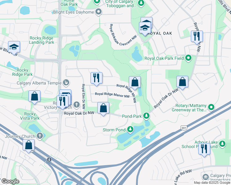 map of restaurants, bars, coffee shops, grocery stores, and more near 62 Royal Ridge Manor Northwest in Calgary