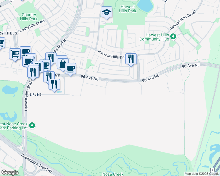 map of restaurants, bars, coffee shops, grocery stores, and more near 9660 Aurora Park Link Northeast in Calgary