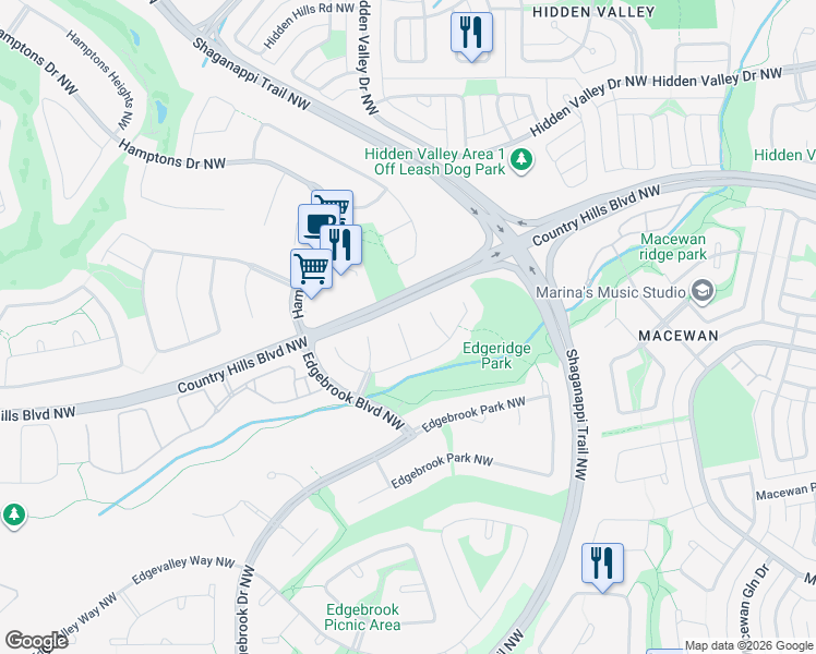 map of restaurants, bars, coffee shops, grocery stores, and more near 216 Edgeridge Gardens Northwest in Calgary