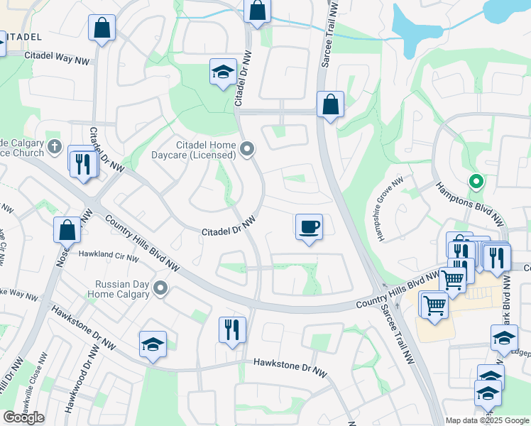 map of restaurants, bars, coffee shops, grocery stores, and more near 8 Citadel Gardens Northwest in Calgary