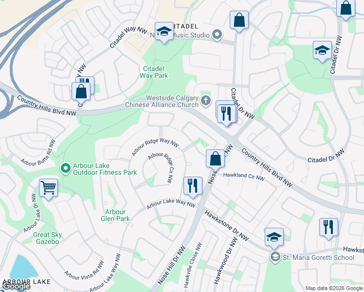 map of restaurants, bars, coffee shops, grocery stores, and more near 290 Arbour Ridge Park Northwest in Calgary