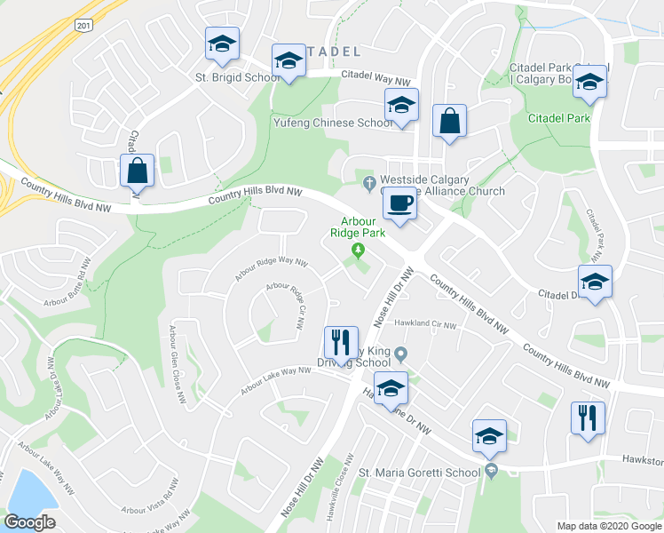 map of restaurants, bars, coffee shops, grocery stores, and more near 290 Arbour Ridge Park Northwest in Calgary