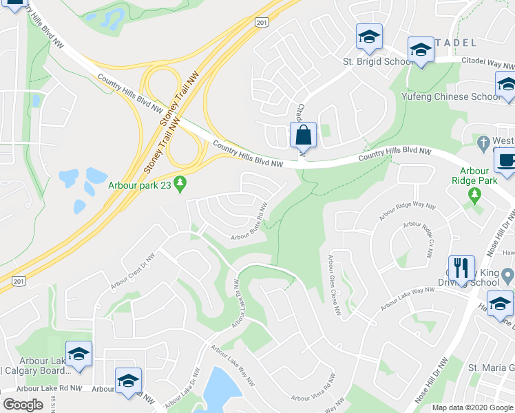 map of restaurants, bars, coffee shops, grocery stores, and more near 102 Arbour Butte Road Northwest in Calgary